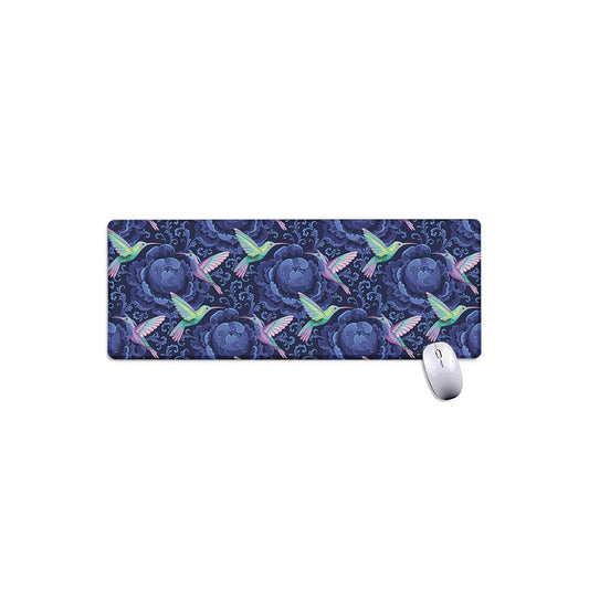 Dark Blue Floral Hummingbird Print Extended Mouse Pad
