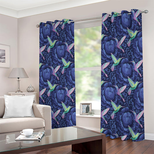 Dark Blue Floral Hummingbird Print Extra Wide Grommet Curtains