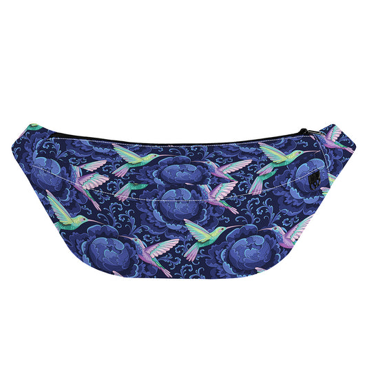 Dark Blue Floral Hummingbird Print Fanny Pack