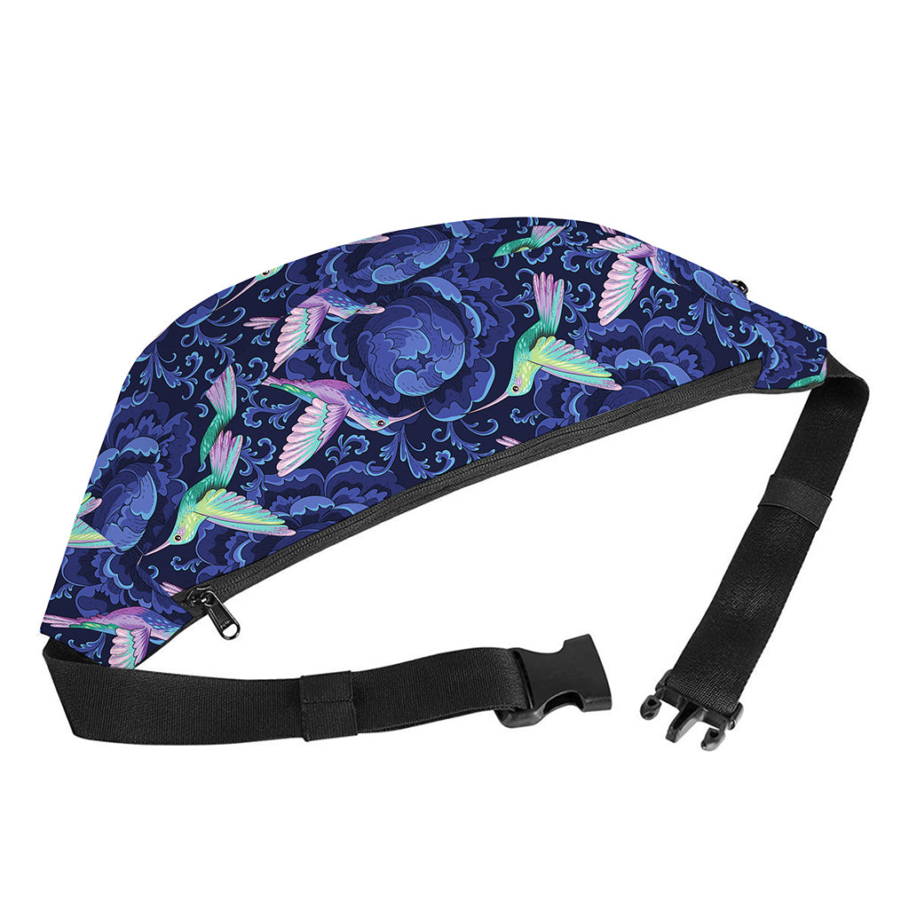 Dark Blue Floral Hummingbird Print Fanny Pack