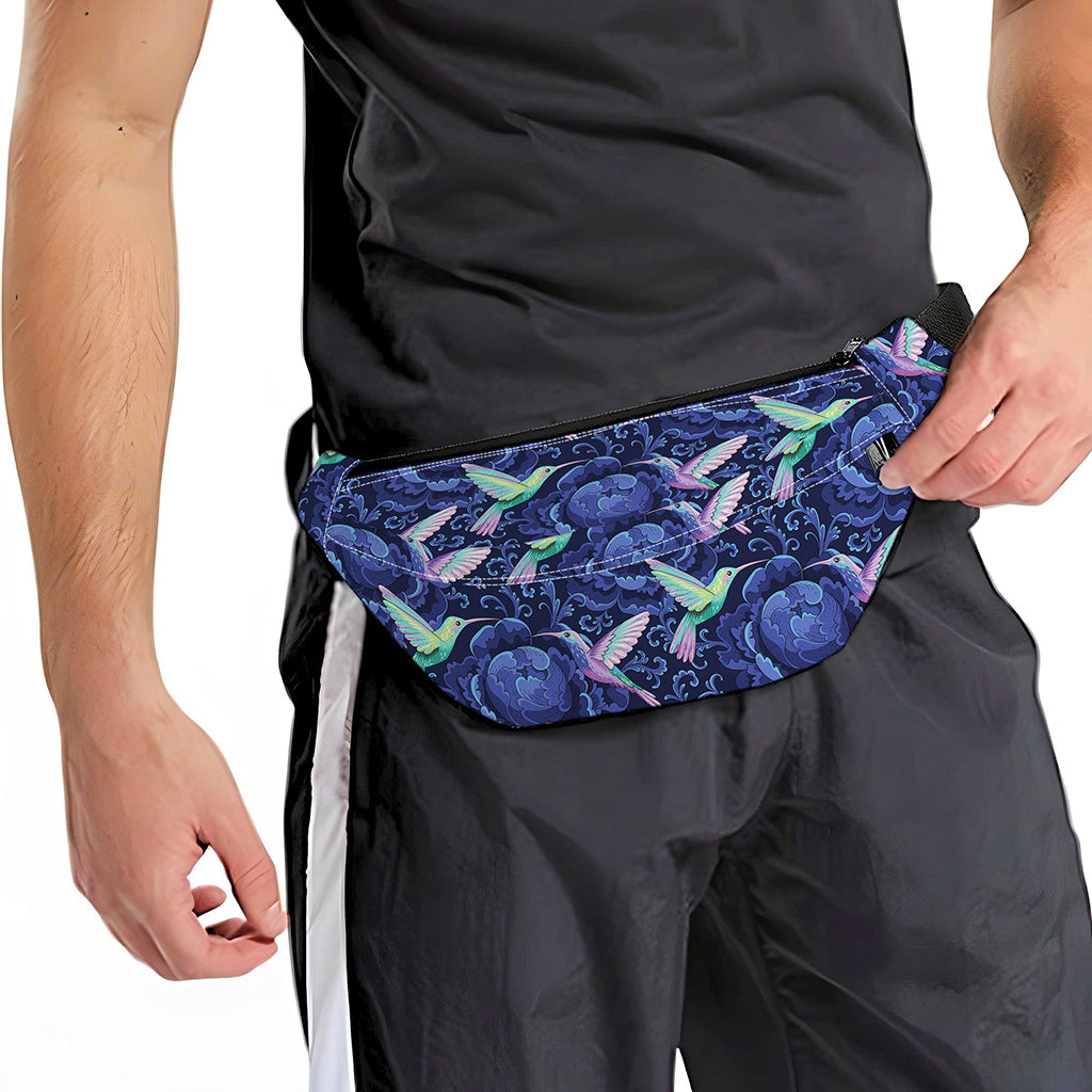 Dark Blue Floral Hummingbird Print Fanny Pack