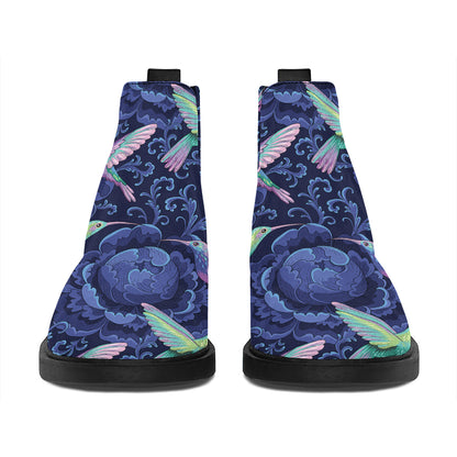 Dark Blue Floral Hummingbird Print Flat Ankle Boots