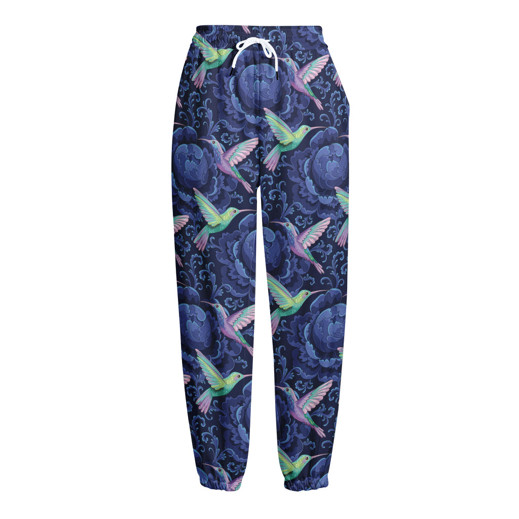 Dark Blue Floral Hummingbird Print Fleece Lined Knit Pants