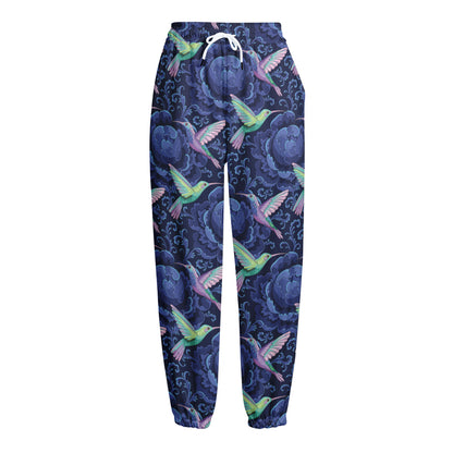 Dark Blue Floral Hummingbird Print Fleece Lined Knit Pants