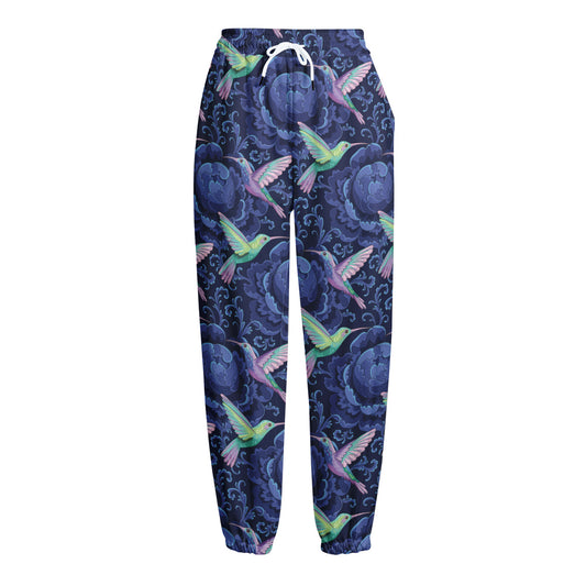Dark Blue Floral Hummingbird Print Fleece Lined Knit Pants