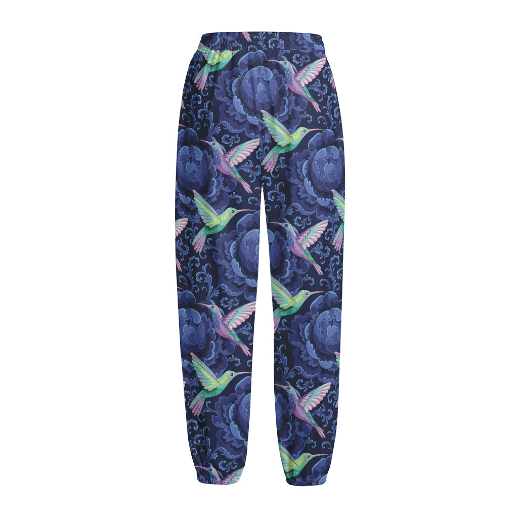 Dark Blue Floral Hummingbird Print Fleece Lined Knit Pants