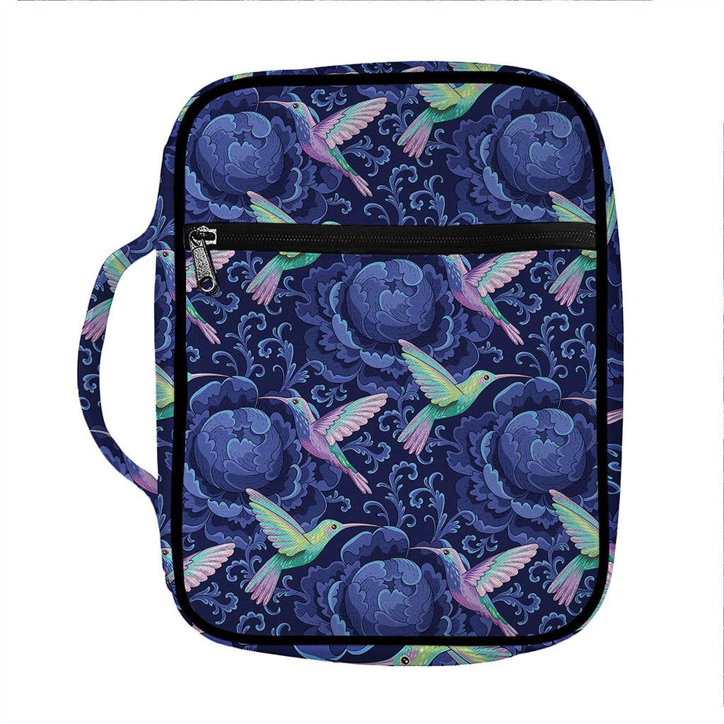 Dark Blue Floral Hummingbird Print Front Pocket Bible Bag