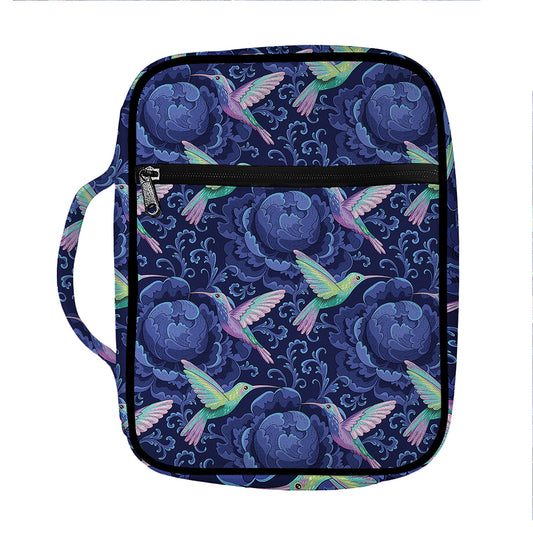 Dark Blue Floral Hummingbird Print Front Pocket Bible Bag