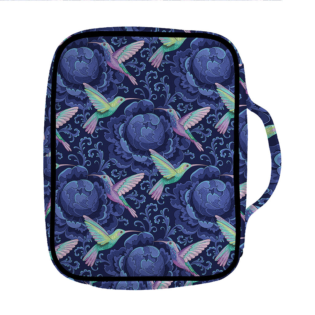 Dark Blue Floral Hummingbird Print Front Pocket Bible Bag