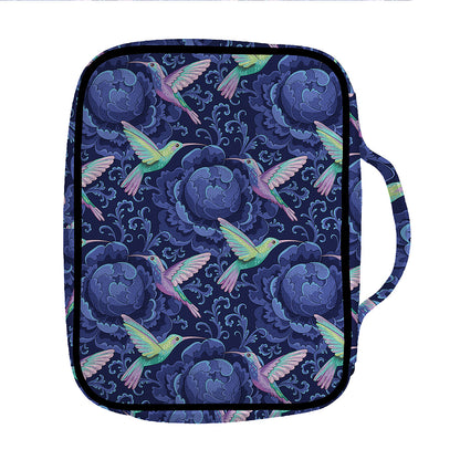 Dark Blue Floral Hummingbird Print Front Pocket Bible Bag