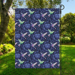 Dark Blue Floral Hummingbird Print Garden Flag