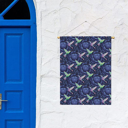 Dark Blue Floral Hummingbird Print Garden Flag
