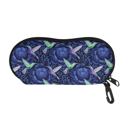 Dark Blue Floral Hummingbird Print Glasses Case