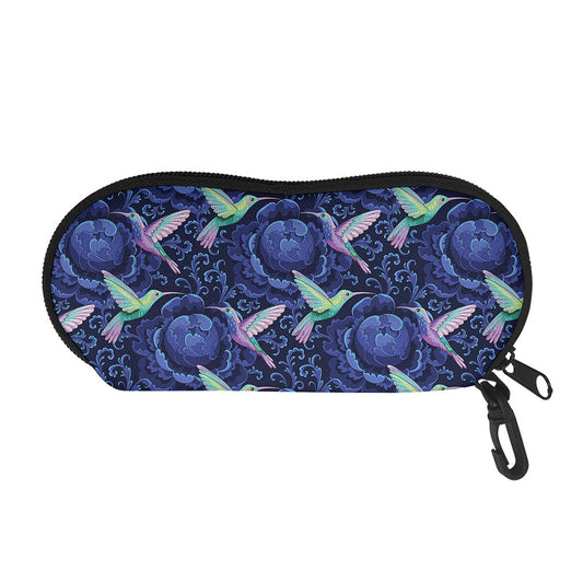 Dark Blue Floral Hummingbird Print Glasses Case