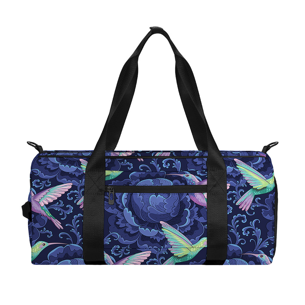 Dark Blue Floral Hummingbird Print Gym Bag