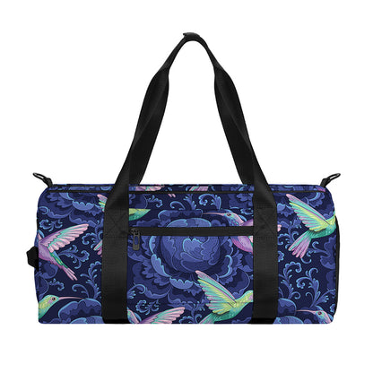 Dark Blue Floral Hummingbird Print Gym Bag