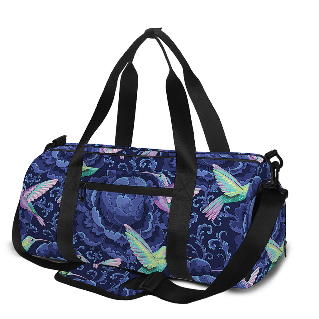 Dark Blue Floral Hummingbird Print Gym Bag