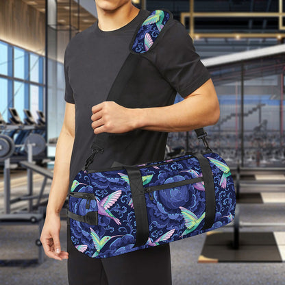 Dark Blue Floral Hummingbird Print Gym Bag