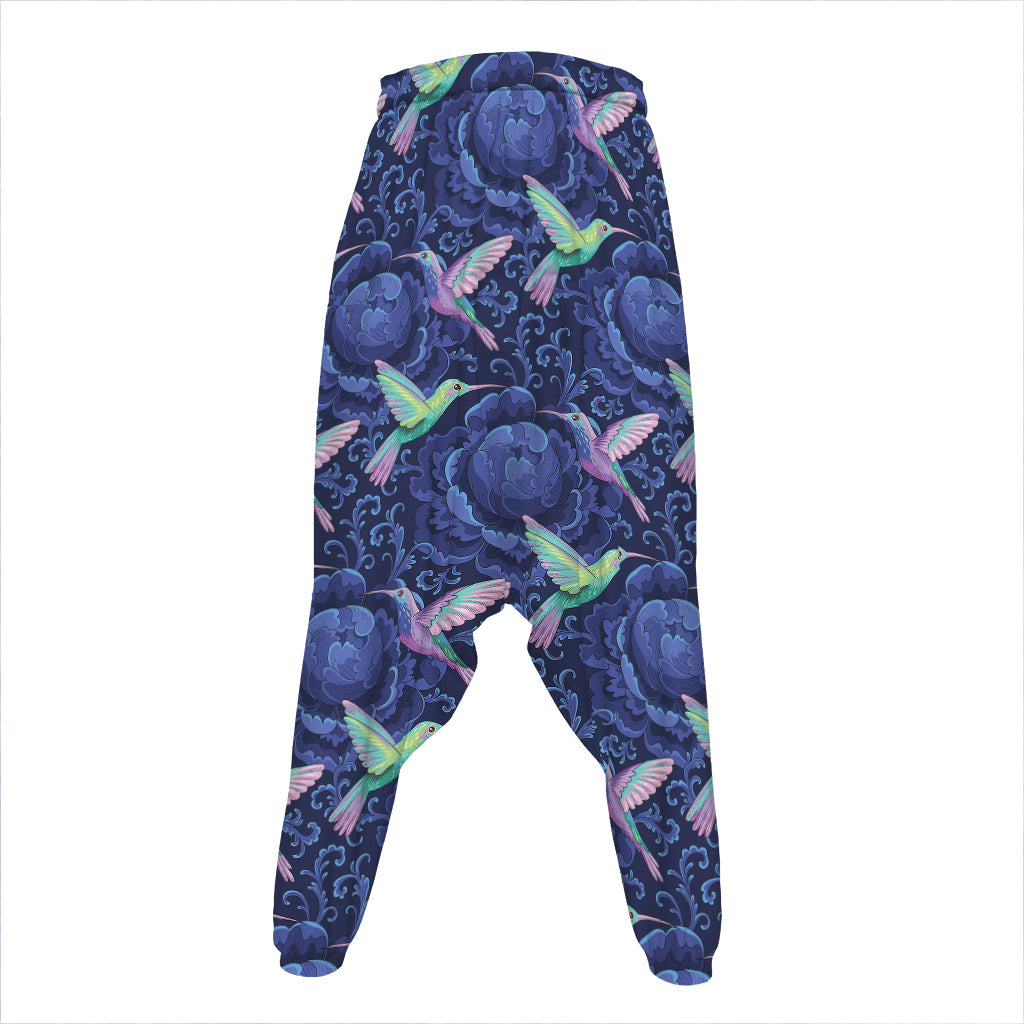 Dark Blue Floral Hummingbird Print Hammer Pants