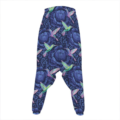 Dark Blue Floral Hummingbird Print Hammer Pants