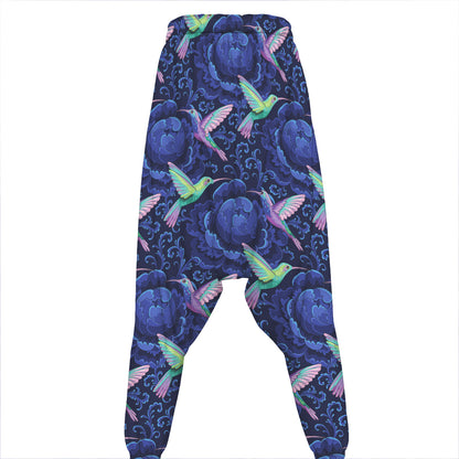 Dark Blue Floral Hummingbird Print Hammer Pants