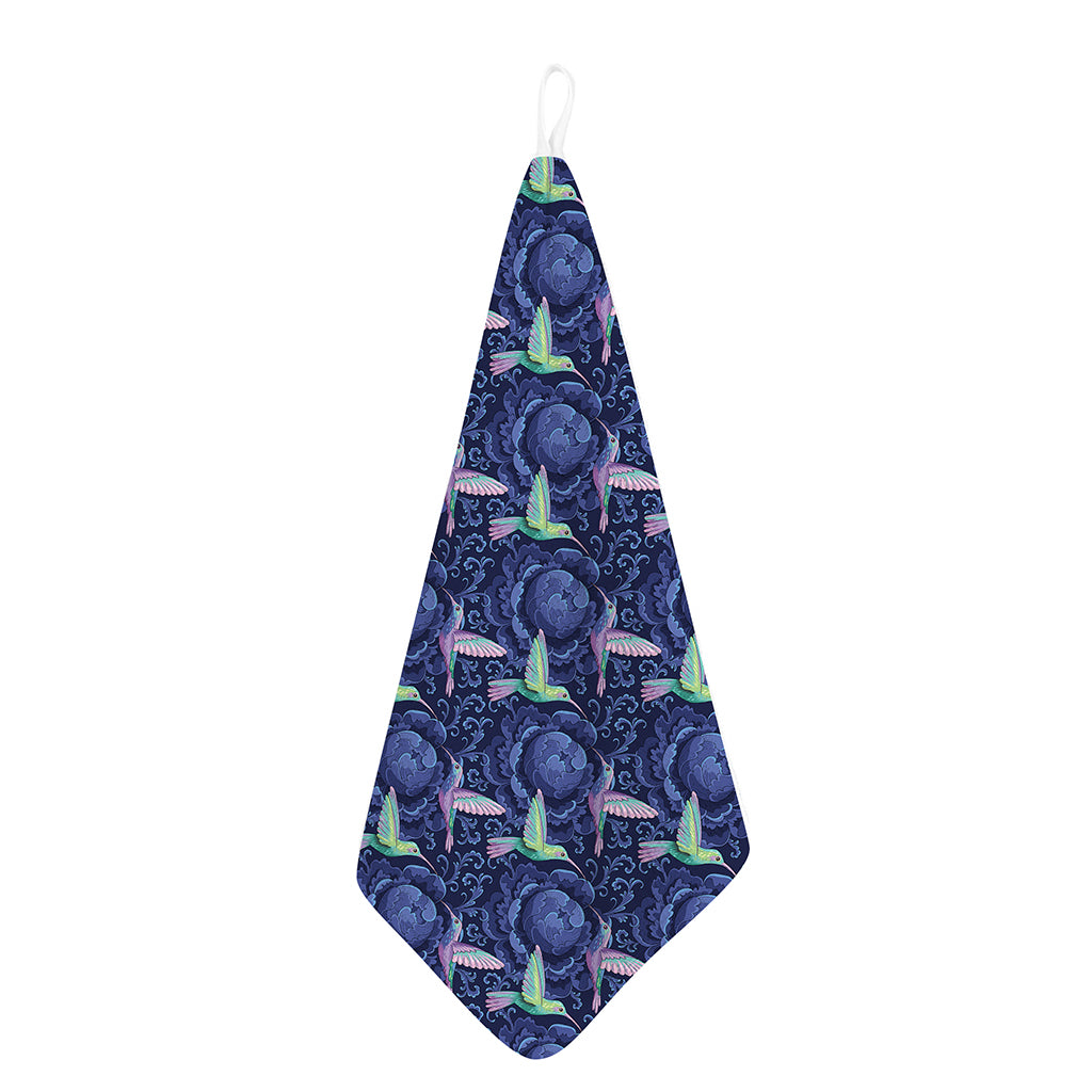 Dark Blue Floral Hummingbird Print Hand Towel