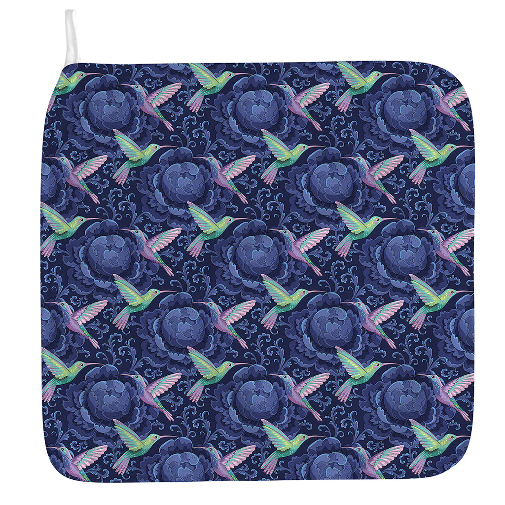 Dark Blue Floral Hummingbird Print Hand Towel
