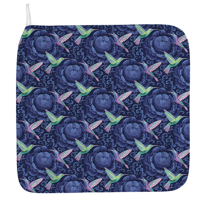 Dark Blue Floral Hummingbird Print Hand Towel