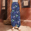 Dark Blue Floral Hummingbird Print Harem Pants