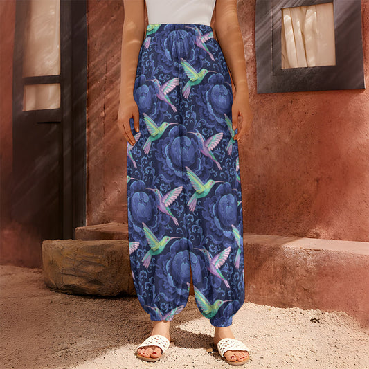 Dark Blue Floral Hummingbird Print Harem Pants