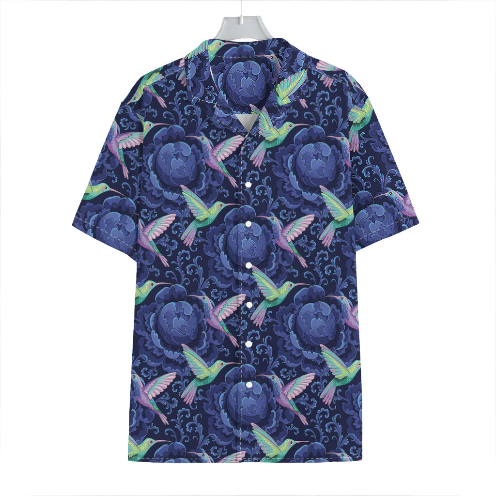 Dark Blue Floral Hummingbird Print Hawaiian Shirt