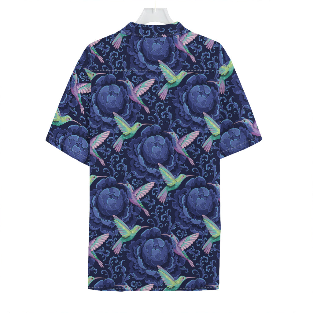 Dark Blue Floral Hummingbird Print Hawaiian Shirt