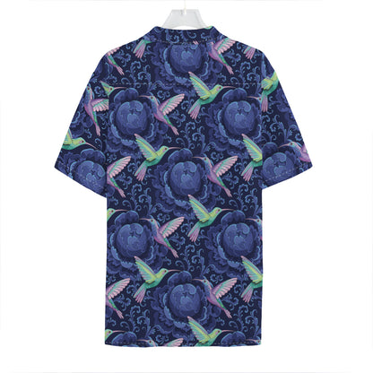 Dark Blue Floral Hummingbird Print Hawaiian Shirt