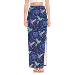 Dark Blue Floral Hummingbird Print High Slit Maxi Skirt