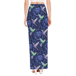 Dark Blue Floral Hummingbird Print High Slit Maxi Skirt