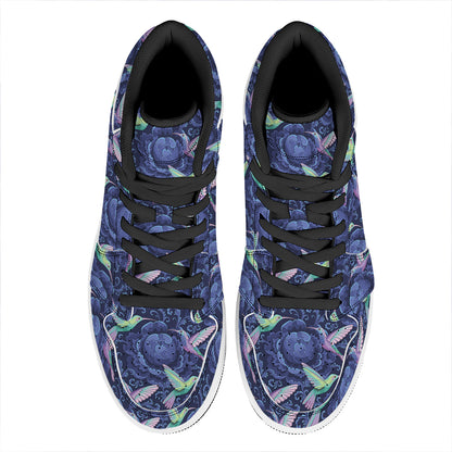 Dark Blue Floral Hummingbird Print High Top Leather Sneakers