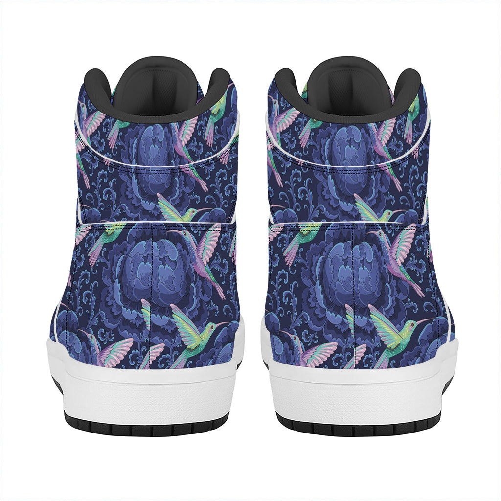 Dark Blue Floral Hummingbird Print High Top Leather Sneakers