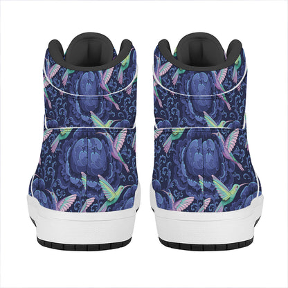 Dark Blue Floral Hummingbird Print High Top Leather Sneakers
