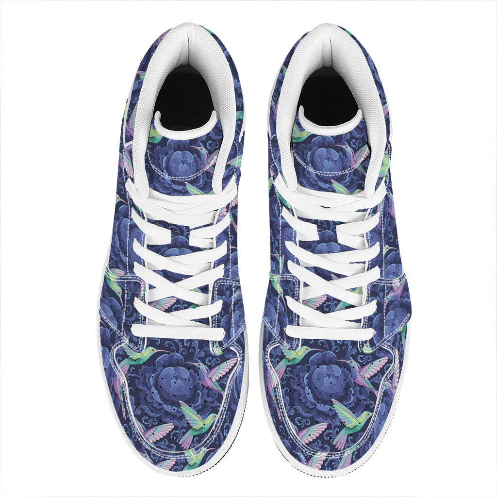 Dark Blue Floral Hummingbird Print High Top Leather Sneakers