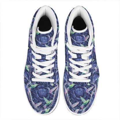 Dark Blue Floral Hummingbird Print High Top Leather Sneakers