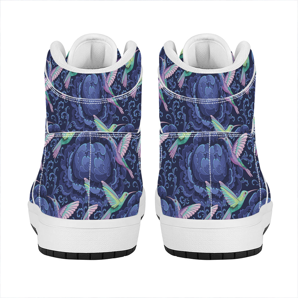 Dark Blue Floral Hummingbird Print High Top Leather Sneakers