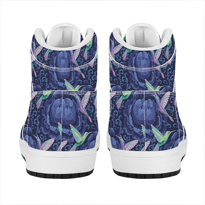 Dark Blue Floral Hummingbird Print High Top Leather Sneakers