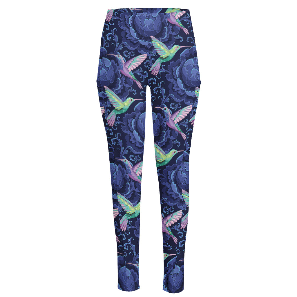 Dark Blue Floral Hummingbird Print High-Waisted Pocket Leggings