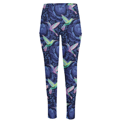 Dark Blue Floral Hummingbird Print High-Waisted Pocket Leggings