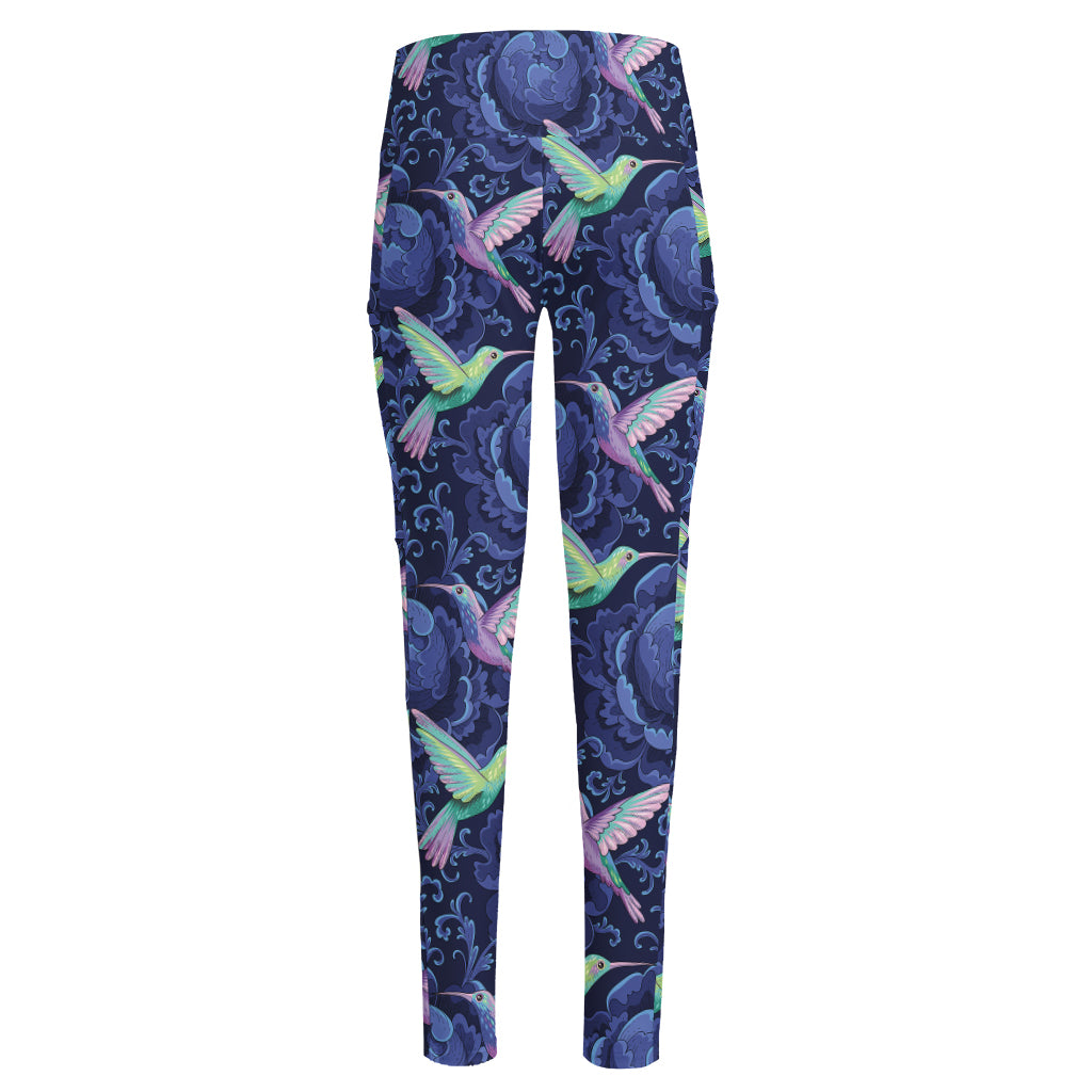 Dark Blue Floral Hummingbird Print High-Waisted Pocket Leggings