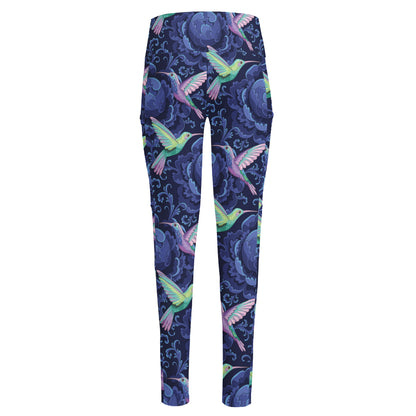 Dark Blue Floral Hummingbird Print High-Waisted Pocket Leggings