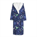 Dark Blue Floral Hummingbird Print Hooded Bathrobe