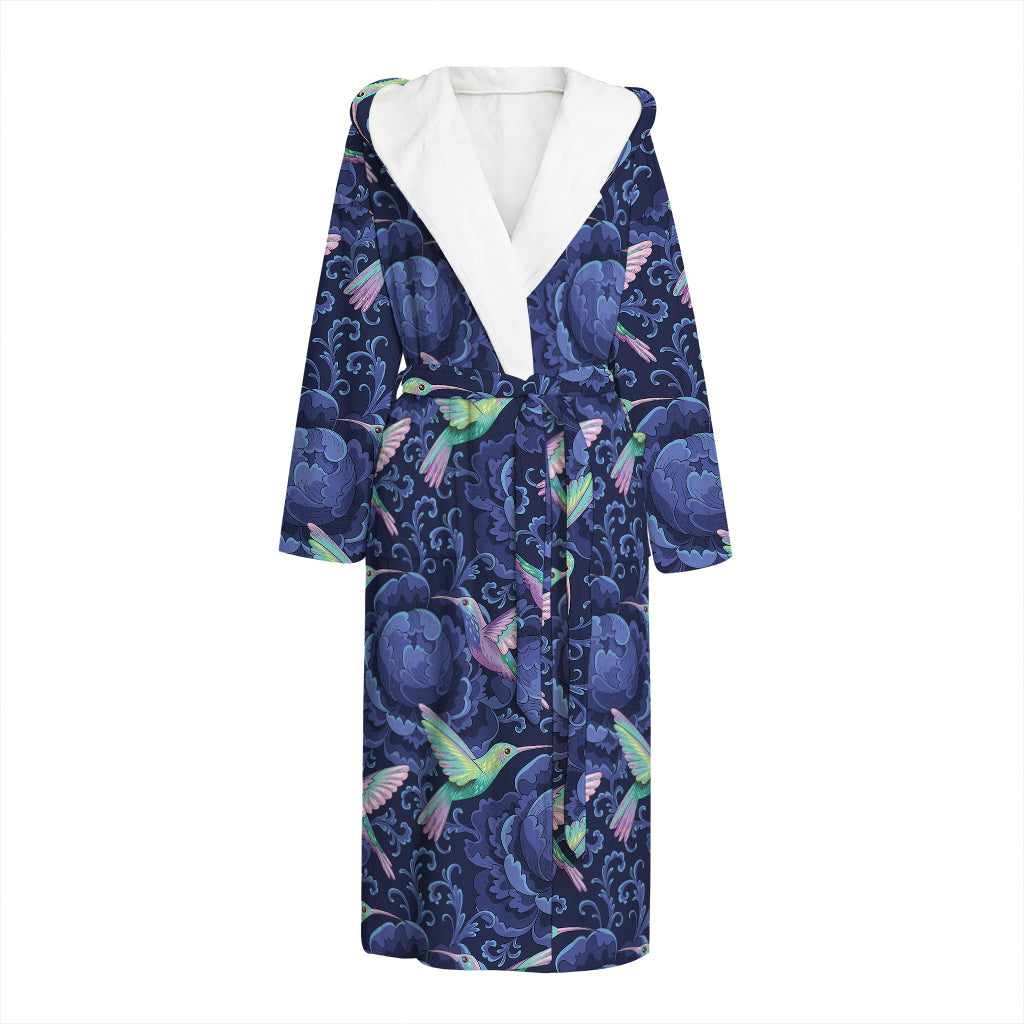 Dark Blue Floral Hummingbird Print Hooded Bathrobe