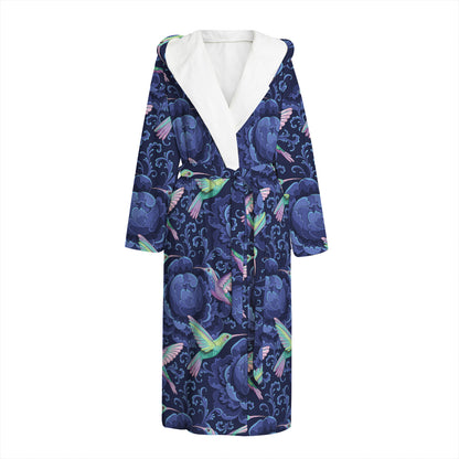 Dark Blue Floral Hummingbird Print Hooded Bathrobe