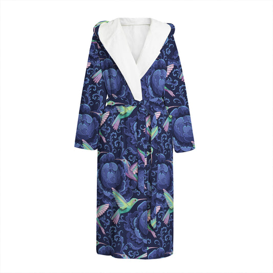 Dark Blue Floral Hummingbird Print Hooded Bathrobe